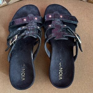 Vionic Black Croc-Embossed Adjustable Slide Sandals